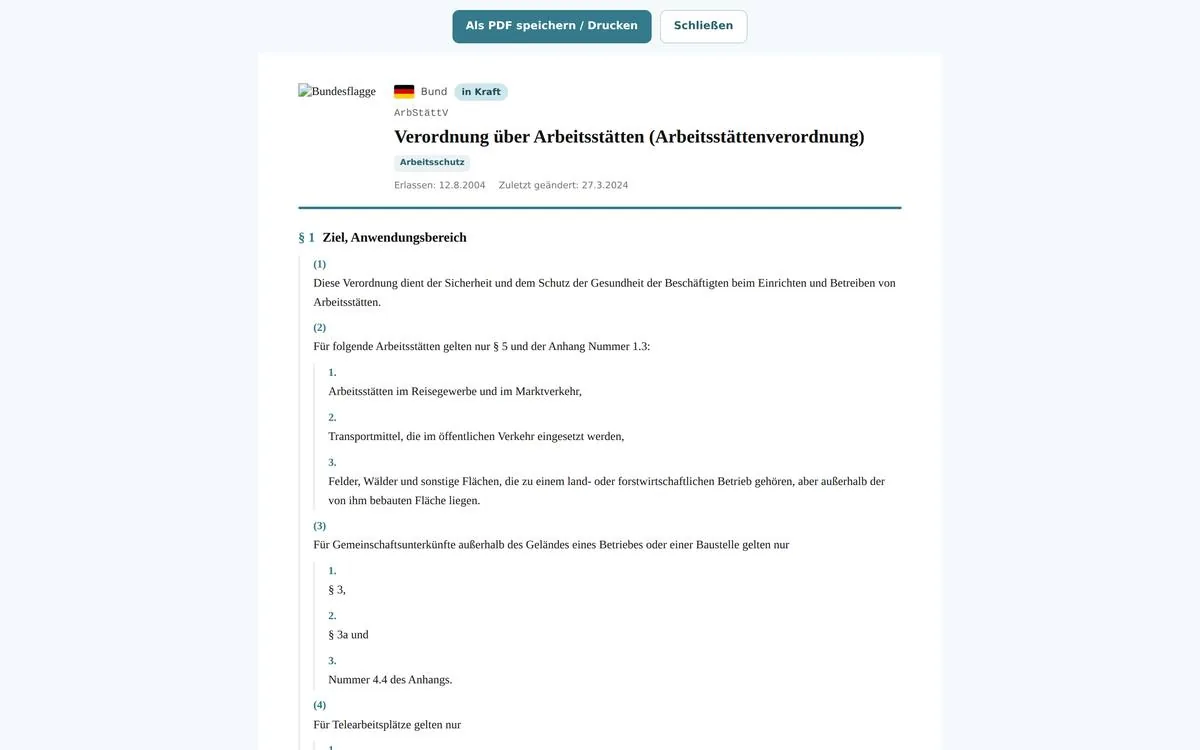 Druckansicht der Arbeitsstättenverordnung im A4-Layout mit Serifenschrift