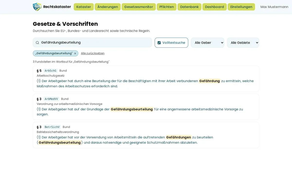 Datenbank mit gesetztem Häkchen Volltextsuche: drei Fundstellen mit hervorgehobenem Suchwort