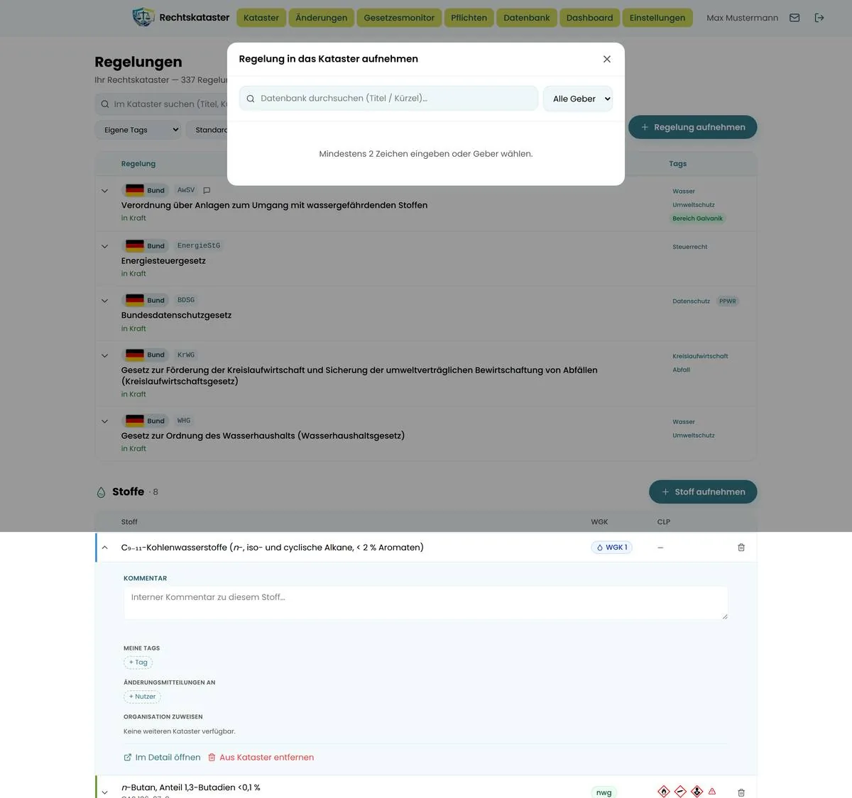 Dialog Regelung in das Kataster aufnehmen mit Suchfeld