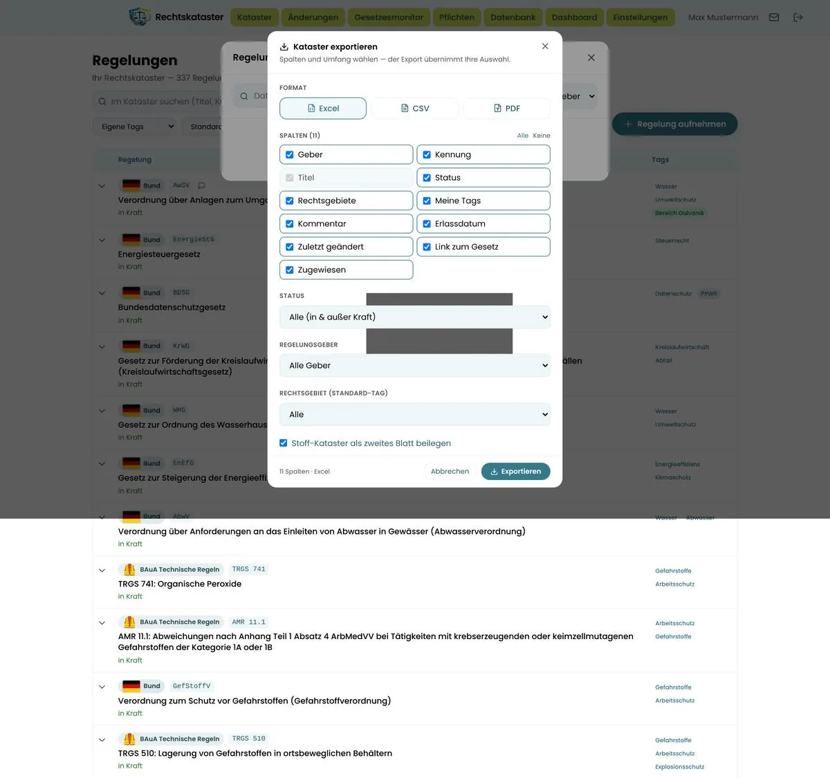 Export-Dialog mit Formatauswahl, Spaltenliste und Filtern