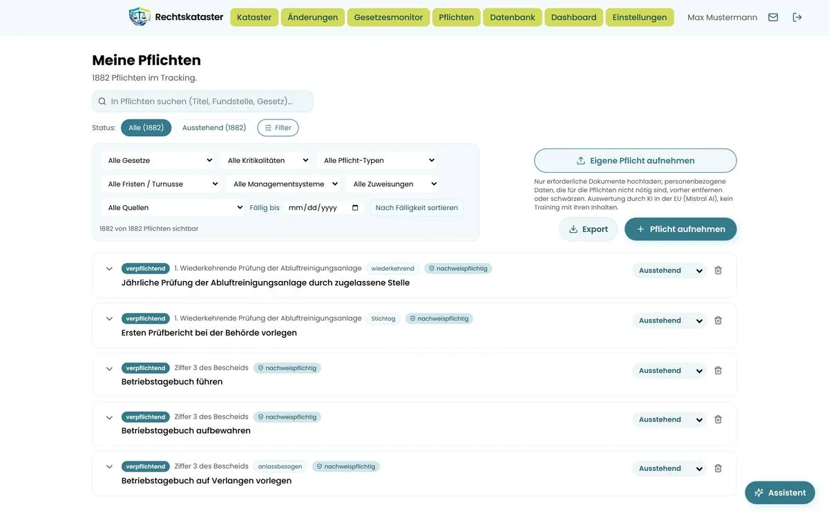 Geöffnetes Filterpanel mit Auswahllisten für Gesetz, Kritikalität, Typ, Frist und Zuweisung