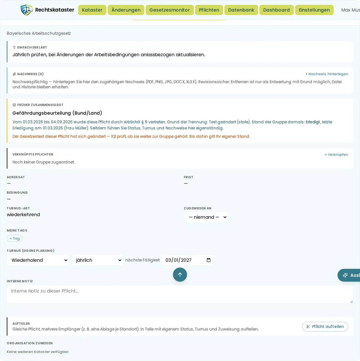 Aufgeklappte Pflicht mit dem Block Früher zusammengelegt und dem Hinweis, dass IQI die Zuordnung prüft
