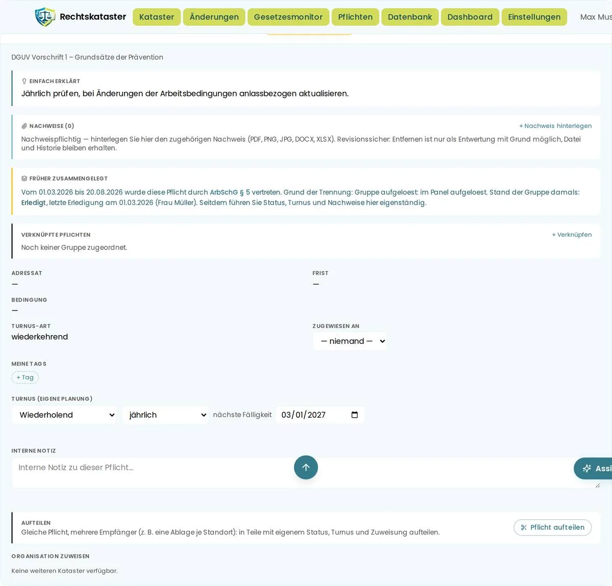 Pflicht nach Auflösung der Gruppe, Block Früher zusammengelegt ohne Prüfhinweis