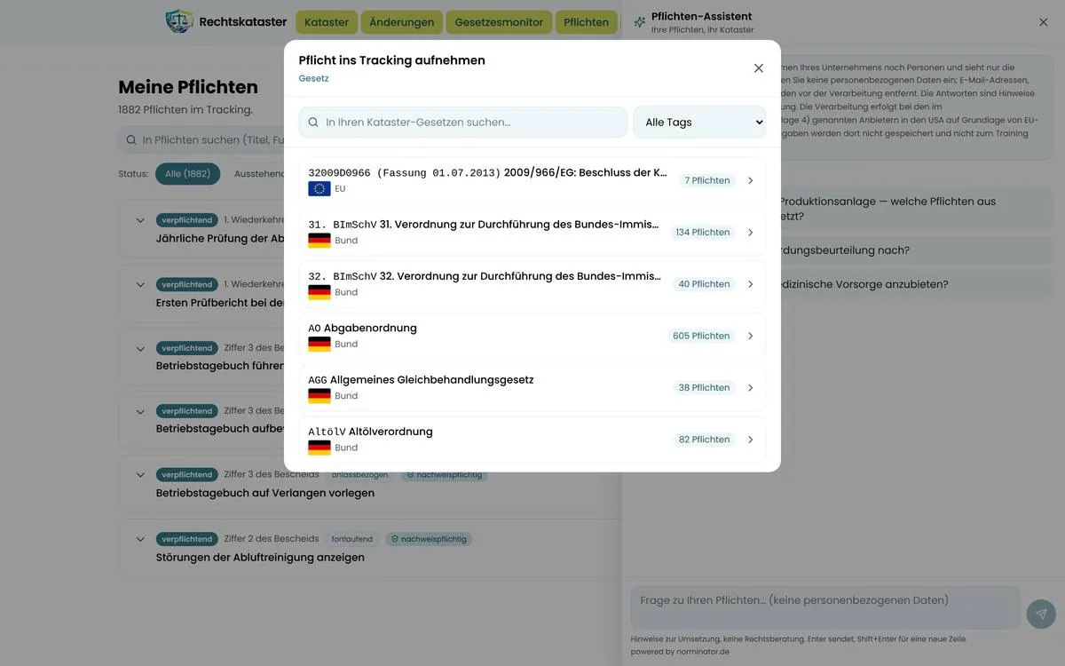 Geöffneter Pflichten-Assistent mit Datenschutzhinweis und Beispielfragen