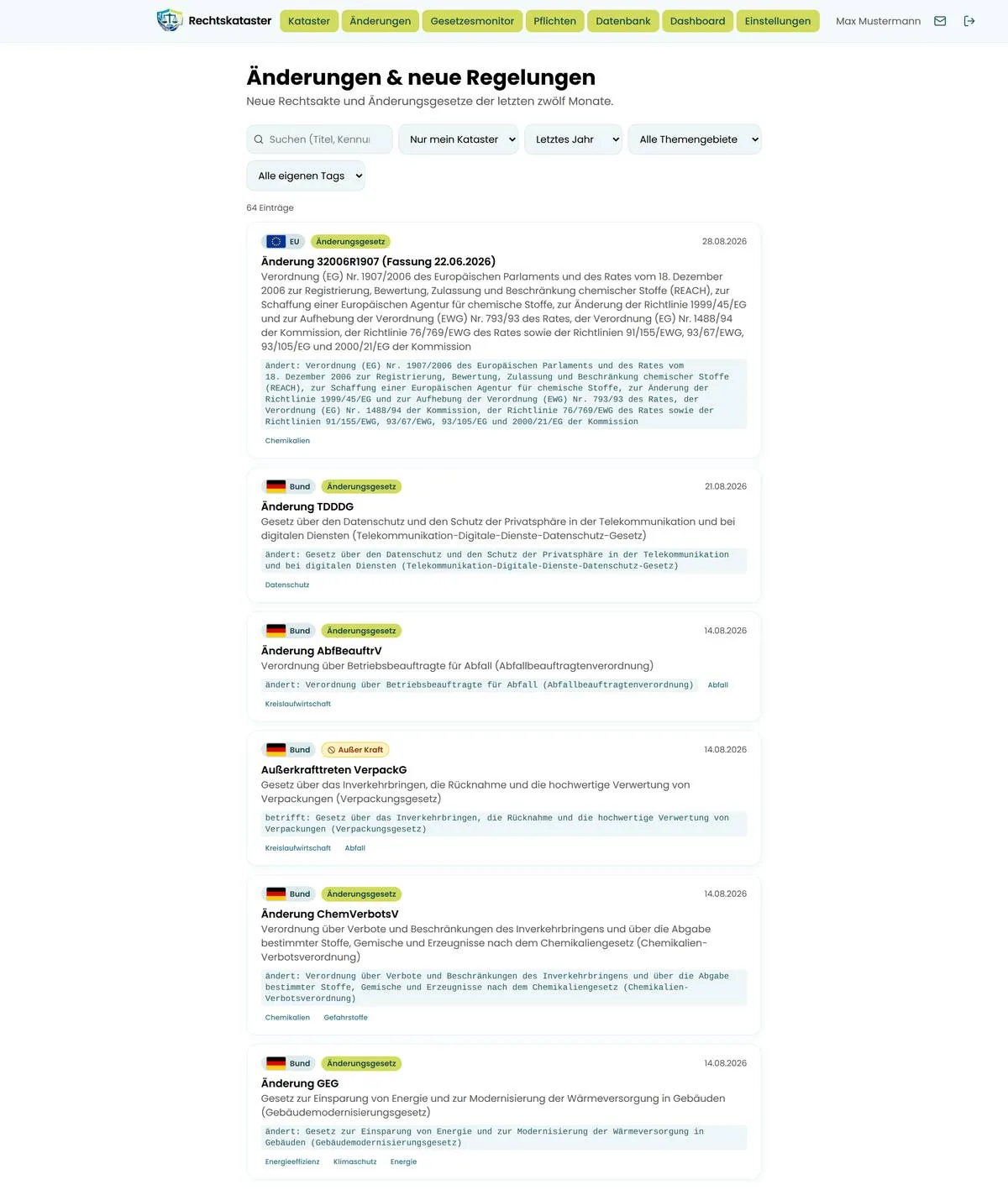 Liste Änderungen und neue Regelungen mit Filtern und Einträgen