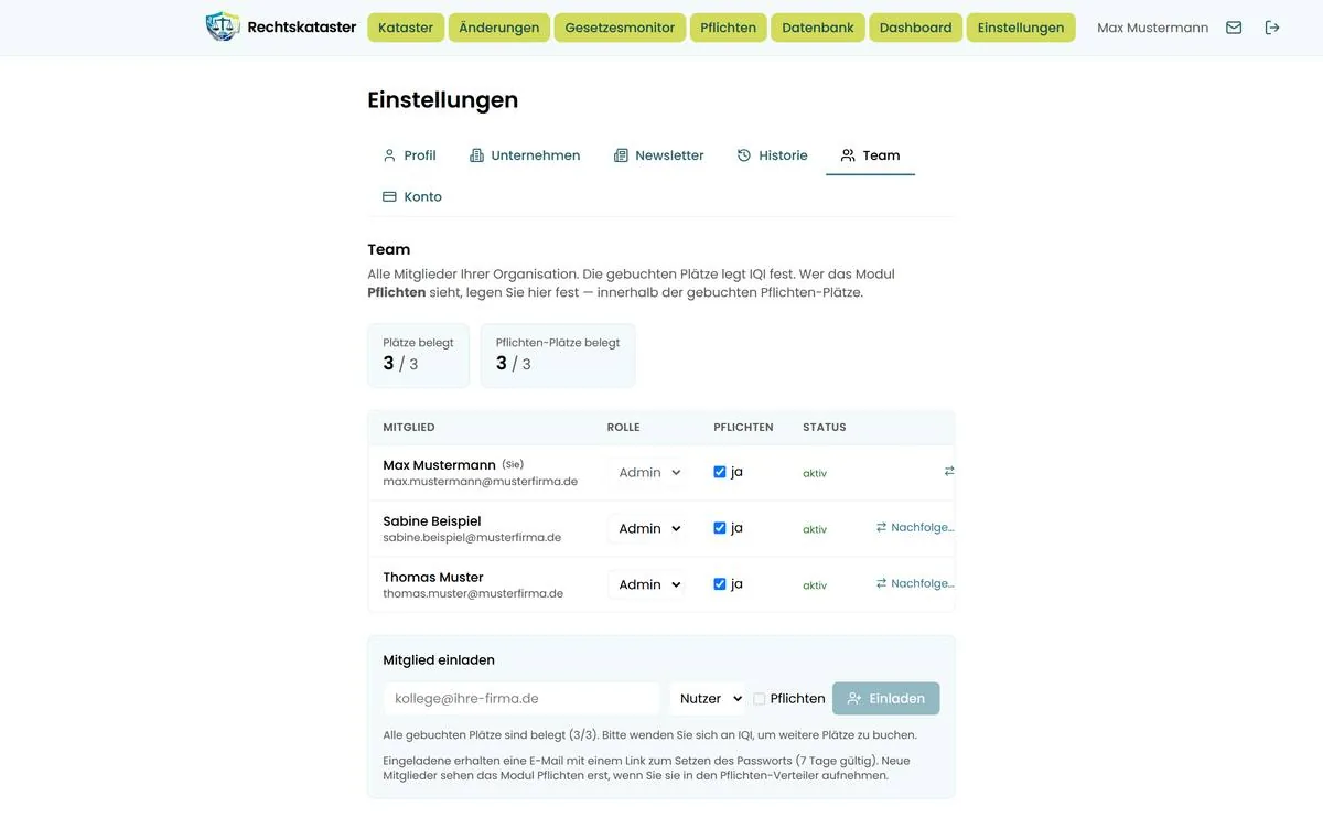 Reiter Team mit Platzkacheln, Mitgliedertabelle und Einladefeld