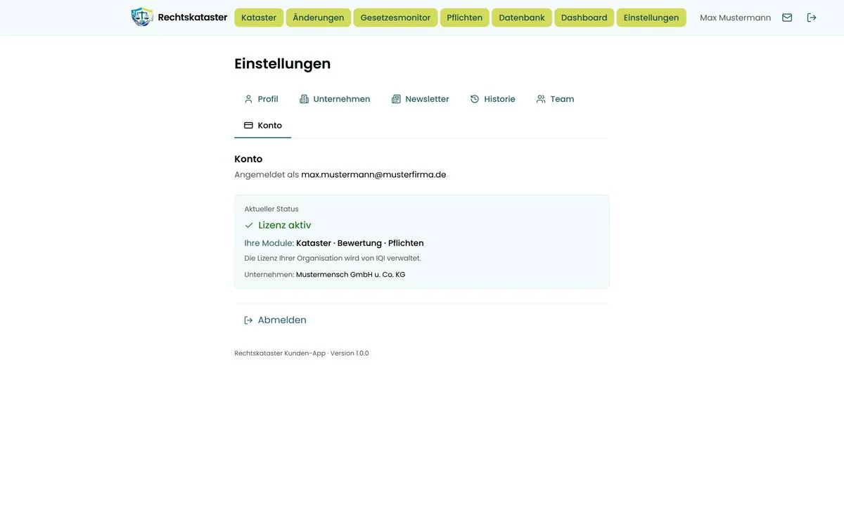 Reiter Konto mit Lizenzstatus und gebuchten Modulen